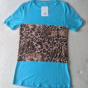 Blue T-Shirt with Leopard Print Size L NEW with defect